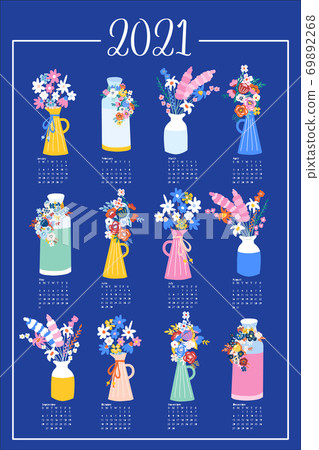 One Page Floral Calendar Design 2021. Hand drawn vector template design with flower vases on blue One Page Floral Calendar Design 2021. Hand drawn vector template design with flower vases on blue 69892268