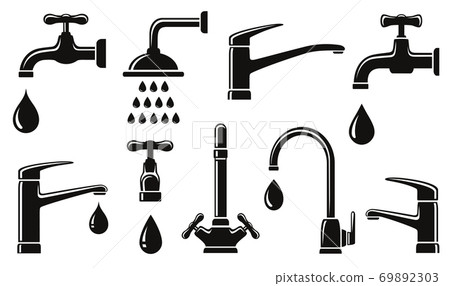 plumbing set of isolated tap shower icons and water drops 69892303