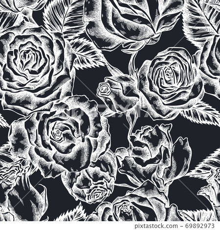 Seamless pattern with hand drawn chalk roses 69892973