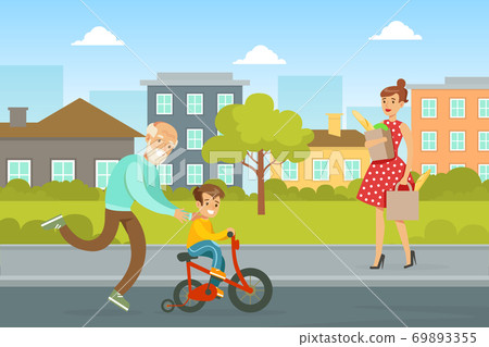 Grandfather Teaching Grandson to Ride Bicycle on Background of Cityscape Cartoon Vector Illustration Grandfather Teaching Grandson to Ride Bicycle on Background of Cityscape Cartoon Vector Illustration 69893355