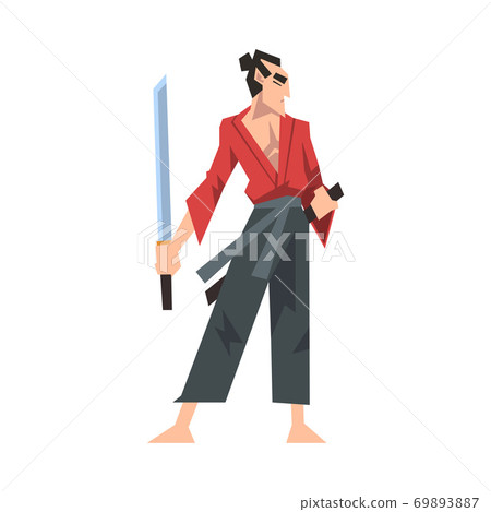 Japanese Samurai Wearing Red Karate Suit and Holding Katana Vector Illustration Japanese Samurai Wearing Red Karate Suit and Holding Katana Vector Illustration 69893887