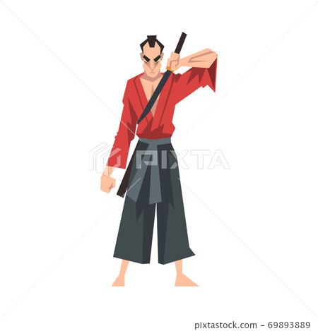 Japanese Samurai Wearing Red Karate Suit and Holding Katana Vector Illustration 69893889