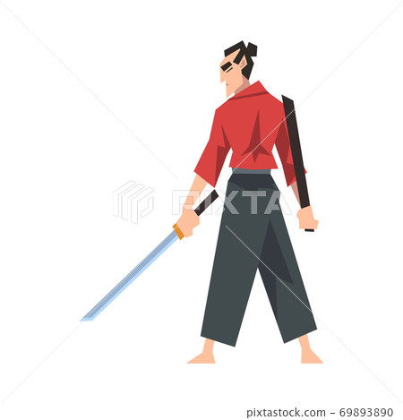 Japanese Samurai Wearing Red Karate Suit and Holding Katana Vector Illustration Japanese Samurai Wearing Red Karate Suit and Holding Katana Vector Illustration 69893890