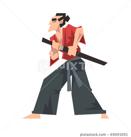 Japanese Samurai Wearing Red Karate Suit and Holding Katana Vector Illustration 69893891