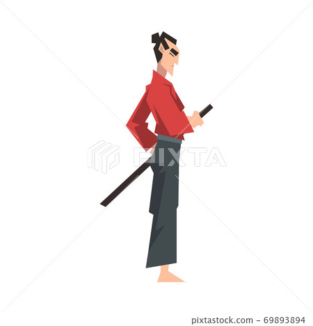 Japanese Samurai Wearing Red Karate Suit and Holding Katana Vector Illustration 69893894