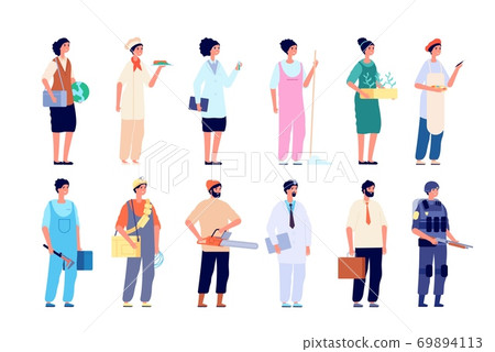 Professionals characters. Different employees, group of workers. Isolated people wear uniform, social worker healthcare manager vector set 69894113