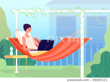 Rest in hammock. Summer balcony, gardening relax on backyard. Modern woman relaxing in garden with laptop, work in holiday vector concept 69894121