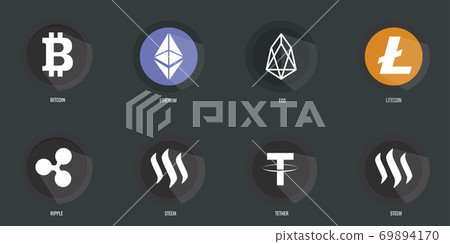Cryptocurrency set on dark background. Stock market electronic money. Blockchain, ico, fintech net banking element. Creative illustration. Art design digital currency. Vector icons for print and web. Cryptocurrency set on dark background. Stock market electronic money. Blockchain, ico, fintech net banking element. Creative illustration. Art design digital currency. Vector icons for print and web. 69894170