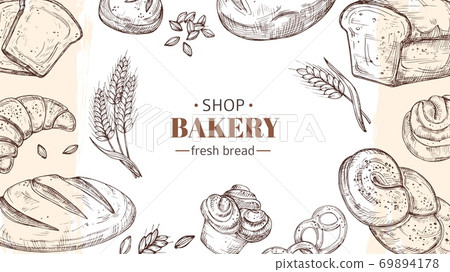 Sketch bakery background. Bread, fresh buns and... - Stock Illustration  [69894178] - PIXTA