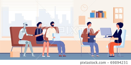 Job interview queue. People and robot sitting in waiting line in office. HR agency, recruitment and hiring concept. Robotization vector illustration 69894231