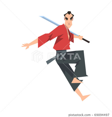 Japanese Samurai Wearing Red Karate Suit and Holding Katana Vector Illustration Japanese Samurai Wearing Red Karate Suit and Holding Katana Vector Illustration 69894497