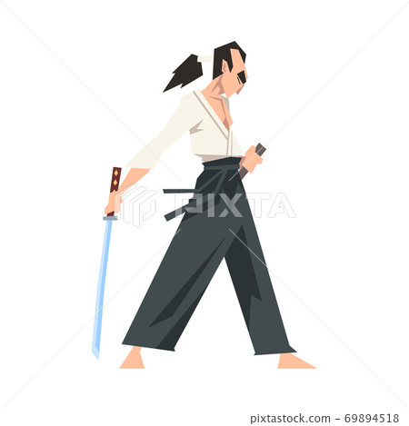 Brave Japanese Warrior Man with Katana and Hakama Vector Illustration Brave Japanese Warrior Man with Katana and Hakama Vector Illustration 69894518