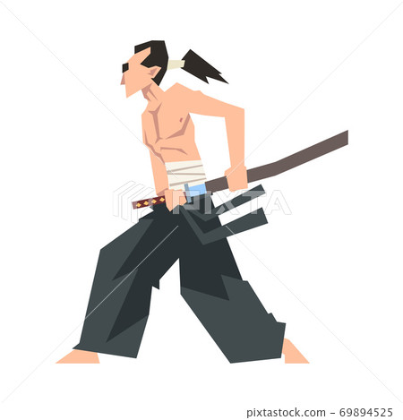 Samurai Character Wearing Hakama and Holding Japanese Sword Vector Illustration Samurai Character Wearing Hakama and Holding Japanese Sword Vector Illustration 69894525