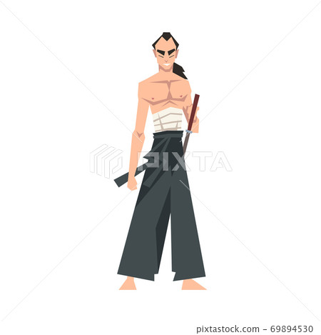 Samurai Character Wearing Hakama and Holding Japanese Sword Vector Illustration 69894530