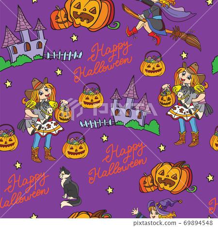 Purple seamless pattern with cartoon Halloween characters 69894548