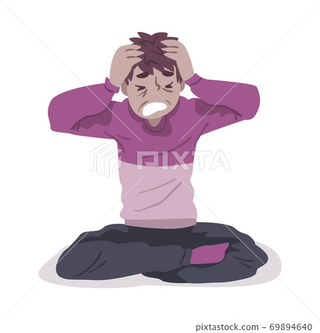 Desperate Guy Sitting on Floor with Crossed Legs Clutching his Head with Hands, Mental Health Problems, Psychological Disorder Concept Cartoon Style Vector Illustration Desperate Guy Sitting on Floor with Crossed Legs Clutching his Head with Hands, Mental Health Problems, Psychological Disorder Concept Cartoon Style Vector Illustration 69894640