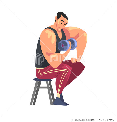 Sportive Muscular Man Exercising with Dumbbell, Physical Workout in Gym, Healthy Lifestyle Cartoon Style Vector Illustration Sportive Muscular Man Exercising with Dumbbell, Physical Workout in Gym, Healthy Lifestyle Cartoon Style Vector Illustration 69894769
