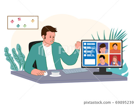 Worker using computer for collective virtual meeting and group video conference. Man at desktop chatting with friends online. Vector illustration for videoconference, remote work, technology concept 69895239