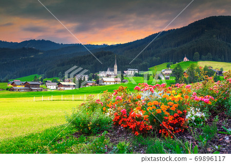Spring alpine landscape with colorful flowers and green fields, Austria 69896117