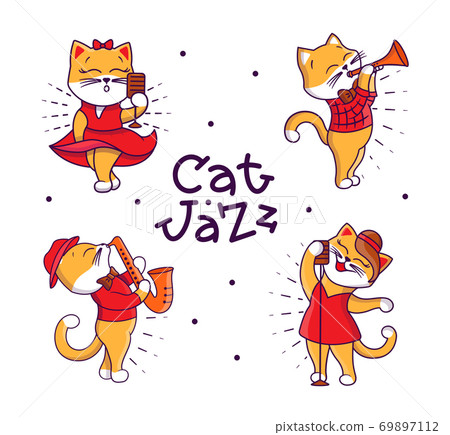 Set of funny Retro Family. Cartoonish cats playing jazz 69897112