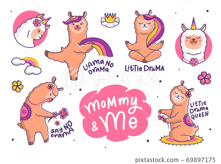 Set of funny llama no drama. Cartoonish animals with flowers 69897175