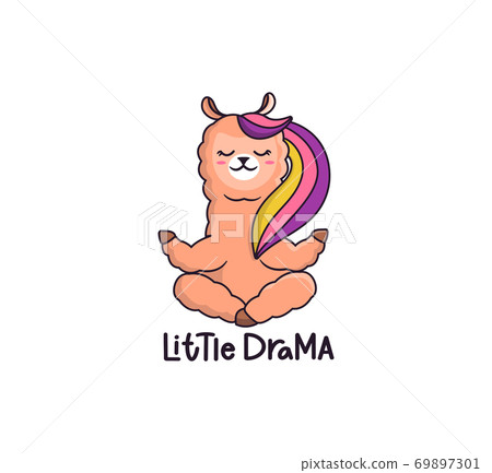 The cute little drama with rainbow. Cartoonish llama sitting in lotus position 69897301
