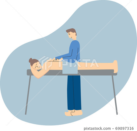 Person receiving massage and Reika treatment from practitioner. Alternative healthcare illustration. Vector stock illustration isolated on white background.  69897316