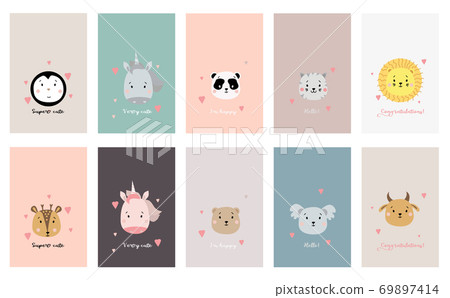 Collection of childrens cards. Set of postcards with cute animals and phrases. Creative print featuring bear, unicorn and penguin, panda and cat, lion and deer, bull and koala. Vector. scandinavian Collection of childrens cards. Set of postcards with cute animals and phrases. Creative print featuring bear, unicorn and penguin, panda and cat, lion and deer, bull and koala. Vector. scandinavian 69897414
