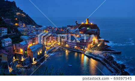Vernazza village illuminated in the night, Cinque Terre, Liguria, Italy Vernazza village illuminated in the night, Cinque Terre, Liguria, Italy 69897545
