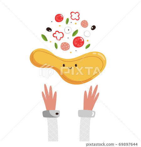 Pizzaiolo making tasty pizza with delicious ingredients. Colorful vector illustration 69897644