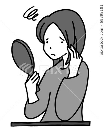 Hand-drawn illustration of a woman who is worried about rough skin looking at a hand mirror (monochrome) Hand-drawn illustration of a woman who is worried about rough skin looking at a hand mirror (monochrome) 69898181