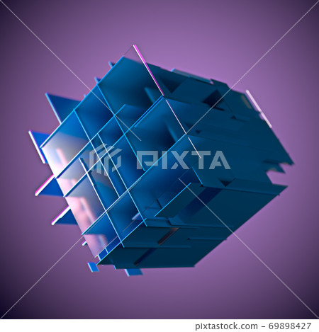 Abstract cube made of blue color plates on a purple background. 3d rendering. Innovative impressive technologies Abstract cube made of blue color plates on a purple background. 3d rendering. Innovative impressive technologies 69898427