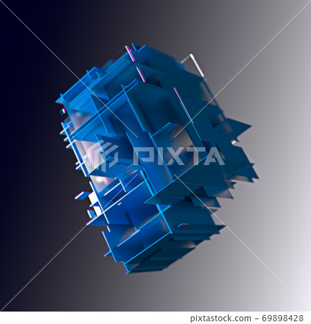 Abstract cube made of blue color plates on a gray background. 3d rendering. Innovative impressive technologies Abstract cube made of blue color plates on a gray background. 3d rendering. Innovative impressive technologies 69898428