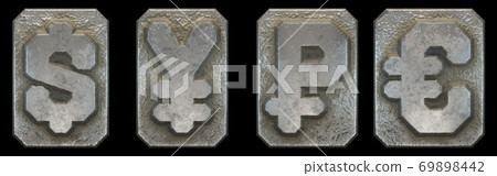 Set of symbols dollar, yen, rouble and euro made of industrial metal on black background 3d Set of symbols dollar, yen, rouble and euro made of industrial metal on black background 3d 69898442