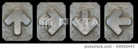 Set of symbols arrow up, right, to down, left arrow, dollar made of industrial metal on black background 3d Set of symbols arrow up, right, to down, left arrow, dollar made of industrial metal on black background 3d 69898443
