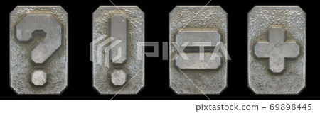 Set of symbols question mark, exclamation mark, equals, plus made of industrial metal on black background 3d 69898445