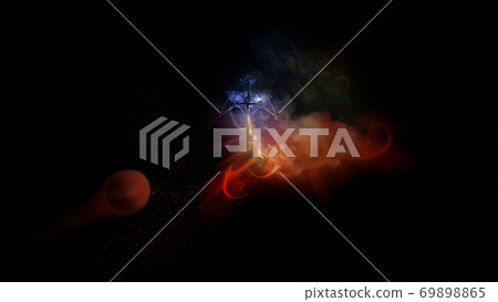 Spaceship takes off alien planet. Elements of this image furnished by NASA. Spaceship takes off alien planet. Elements of this image furnished by NASA. 69898865