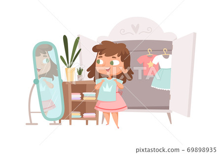 Girl dressing up. Cute baby choice clothes in wardrobe. Cartoon fashion kid, female child change dress vector illustration Girl dressing up. Cute baby choice clothes in wardrobe. Cartoon fashion kid, female child change dress vector illustration 69898935