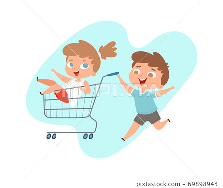 Children ride in grocery cart. Happy brother and sister play in shop or supermarket, cartoon happy children characters Children ride in grocery cart. Happy brother and sister play in shop or supermarket, cartoon happy children characters 69898943
