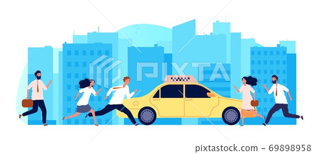 People need taxi. One yellow car and many men women. Business persons run to auto vector illustration People need taxi. One yellow car and many men women. Business persons run to auto vector illustration 69898958