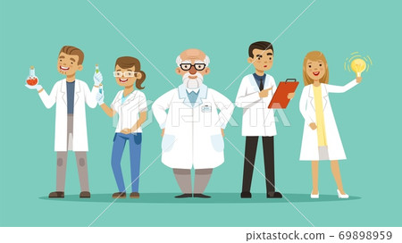 Laboratory team. Team of scientists or doctors, researchers. Cartoon hospital personal, virologists vector illustration Laboratory team. Team of scientists or doctors, researchers. Cartoon hospital personal, virologists vector illustration 69898959