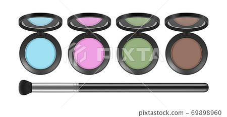 Eyeshadow palette. Realistic decorative cosmetics and brush, isolated eye shadows vector set Eyeshadow palette. Realistic decorative cosmetics and brush, isolated eye shadows vector set 69898960