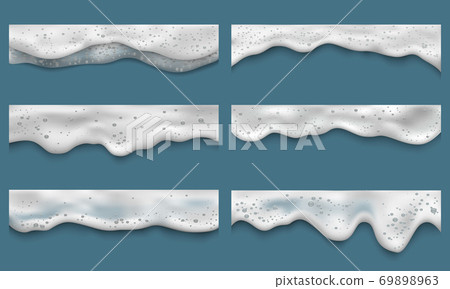 Water foam. Clean washing liquids bath laundry drops splashes on seaside top view vector realistic templates Water foam. Clean washing liquids bath laundry drops splashes on seaside top view vector realistic templates 69898963
