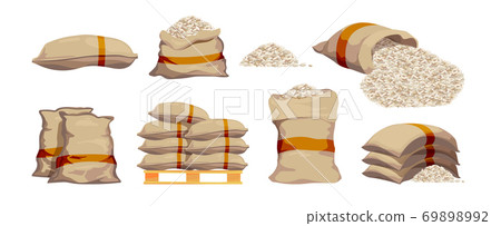 Rice bags. Pile with sackful textile objects grain agricultural collection vector sacks in cartoon style 69898992