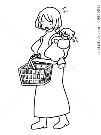 shopping帶小孩哭的時候逛街的女人的手繪插圖（線條圖） 69899015
