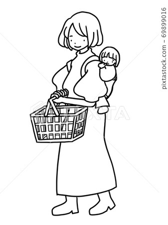 帶著小孩子逛街的女人的手繪插圖（線條圖） 69899016