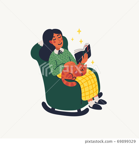 Introvert. Extraversion and introversion concept - young woman sitting in an armchair with a book and cat on her laps Introvert. Extraversion and introversion concept - young woman sitting in an armchair with a book and cat on her laps 69899329