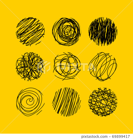 Set of round doodle black elements scratched with black lines Set of round doodle black elements scratched with black lines 69899417