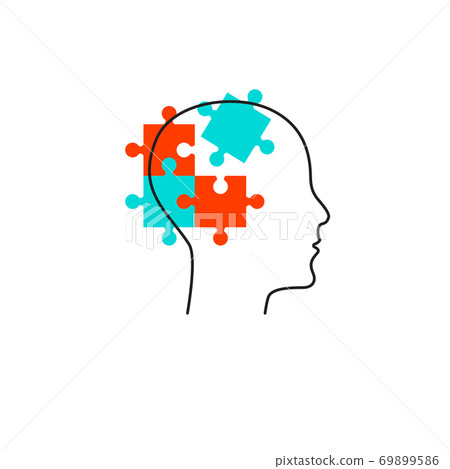 Profile of person with puzzle pieces in his head 69899586