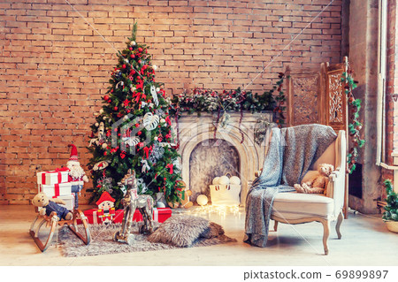 Classic christmas New Year decorated interior room New year tree and fireplace Classic christmas New Year decorated interior room New year tree and fireplace 69899897